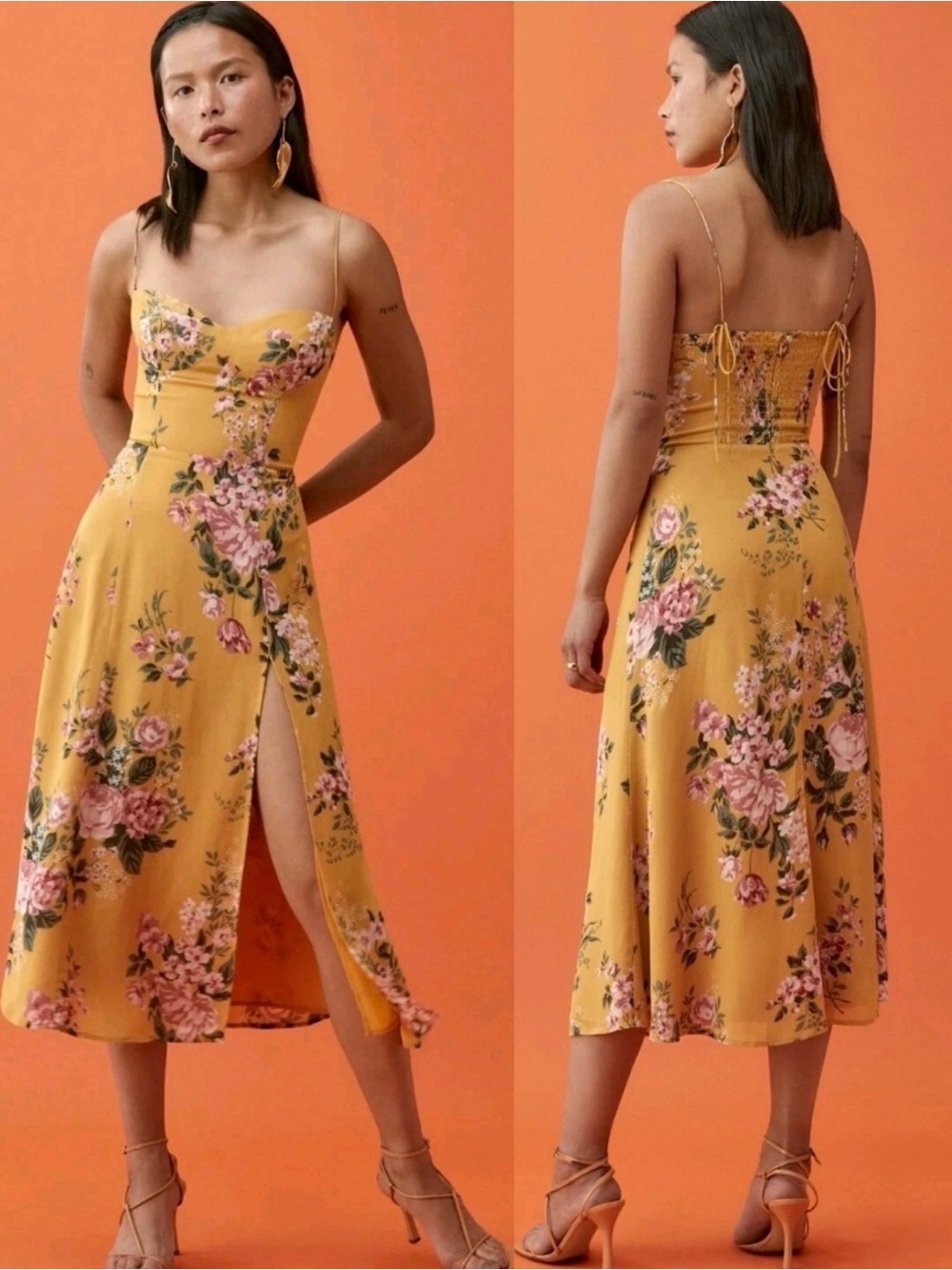 Reformation Yellow Floral Midi Dress with Slit and Pink Bloom Print